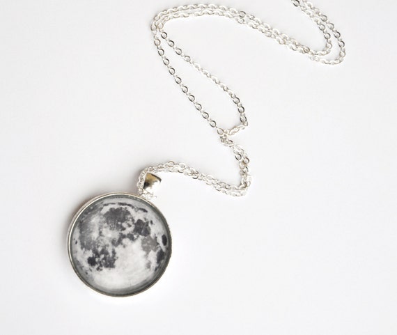 Items similar to Moon necklace pendant with glass cabochon and metal ...