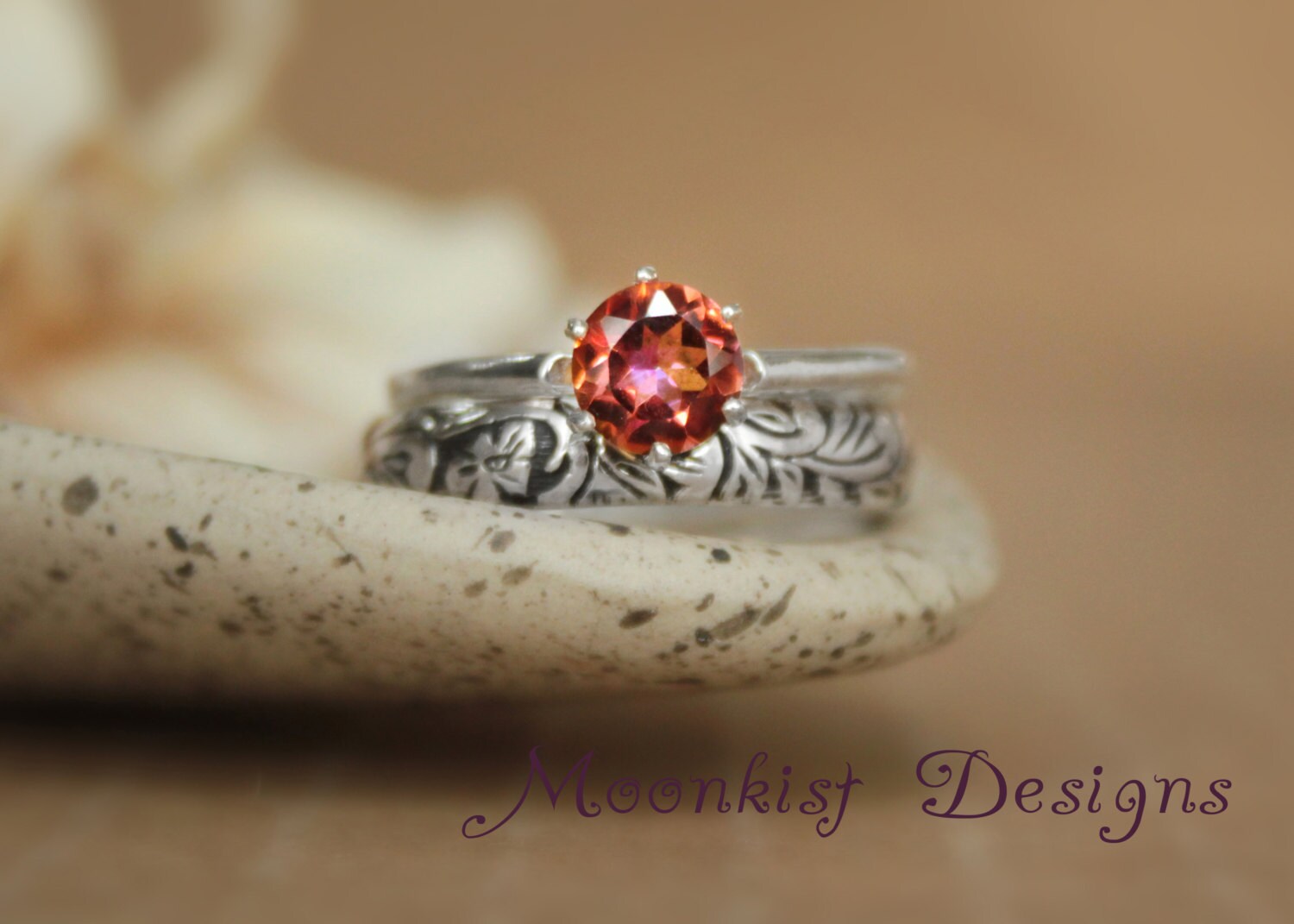 Flower and Leaf Engagement Ring Set in Sterling Silver