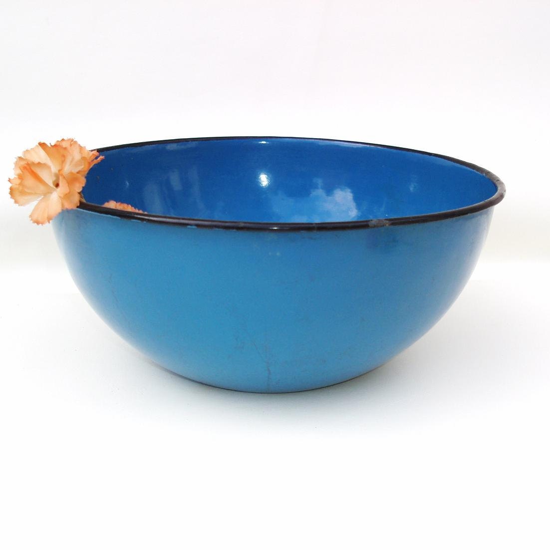 Vintage Graniteware Basin Large Enamel Bowl Blue Serving Bowl
