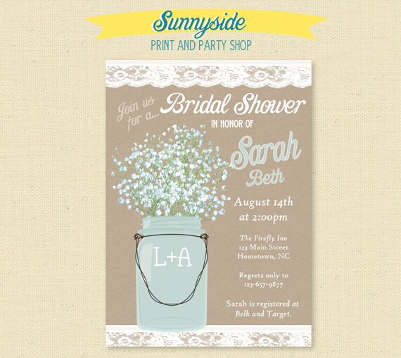 Kraft and Lace Mason Jar Invitation - Roses / Floral / Botanical Bridal Shower Invite - Printable Shower Il_570xn