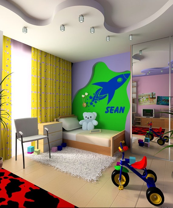 Rocket Ship with Stars Personalize It. Rocket Vinyl Decal Wall Art Boys wall Decor, Space Ship Wall decal