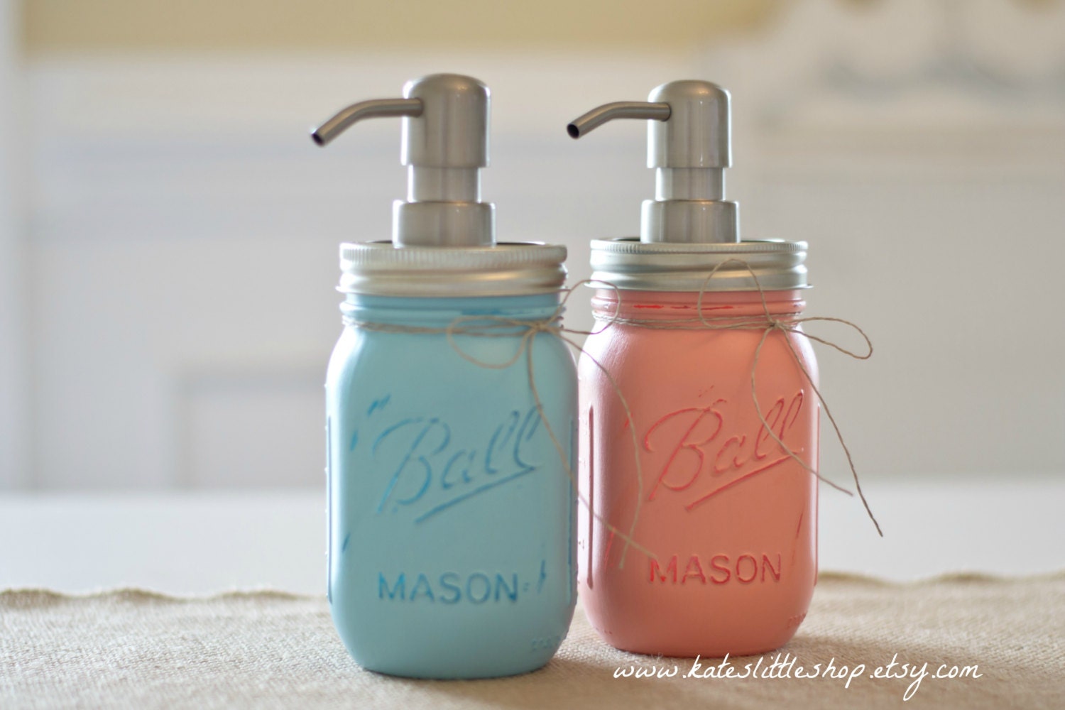Set of 2 Pint Size Painted Mason jar Soap dispensers.