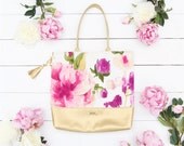 ONE WEEK PRODUCTION time -Floral Tote Bag - Vibrant Floral and Gold faux leather, classy handbag, oversized tote bag, summer bag