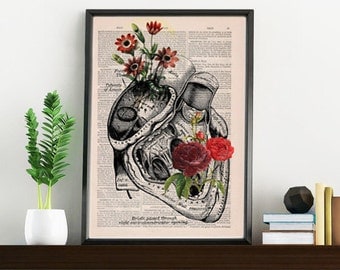 Summer Sale Flowery Heart human Anatomy Print on dictionary page gift , love wall art, human anatomy, science & anatomy art SKA080
