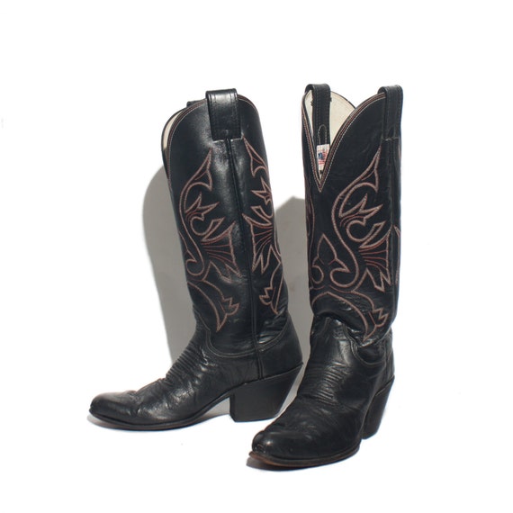 6 B Tall Black Cowboy Boots by Olathe w/ Red Western Stitch
