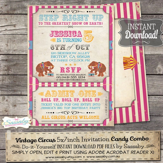 Vintage Circus Invitation - INSTANT DOWNLOAD - Candy Combo Editable & Printable Birthday Invitation by Sassaby Il_570xn