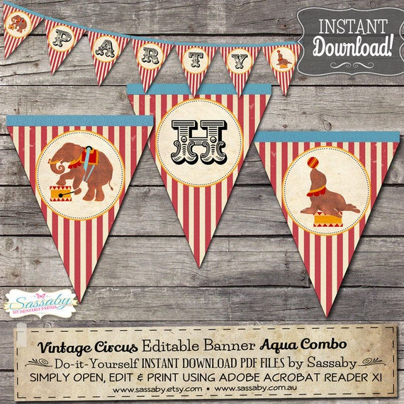 Vintage Circus Party Banner - INSTANT DOWNLOAD - Editable & Printable Party Decorations, Decor, Bunting by Sassaby Parties Il_570xn