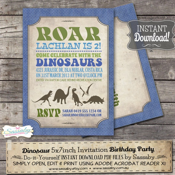 Dinosaur Party Invitation - INSTANT DOWNLOAD - Editable & Printable Birthday Invitation by Sassaby Il_570xn