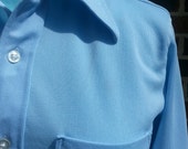 Vintage 1970s Men's Button Up Shirt Powder Blue Big Pointed 70s Collar Groovy Disco Era Tux