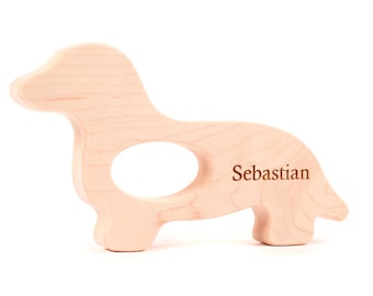 natural wood TEETHER - dachshund puppy - an eco-friendly heirloom toy for safe teething and grasping, ideal new baby gift