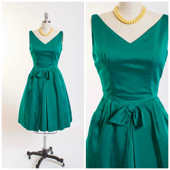 Vintage 50s Cocktail Dress Emerald Green Satin 1950s Vintage