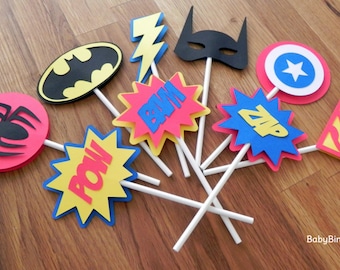 Die Cut Super Hero Cupcake Toppers - superhero batman captain america spiderman superman comic phrases birthday party decorations wedding