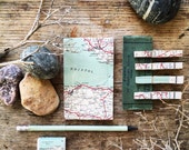 Vintage Map Stationary Set with notebook, pencil, eraser and pegs...with Bristol