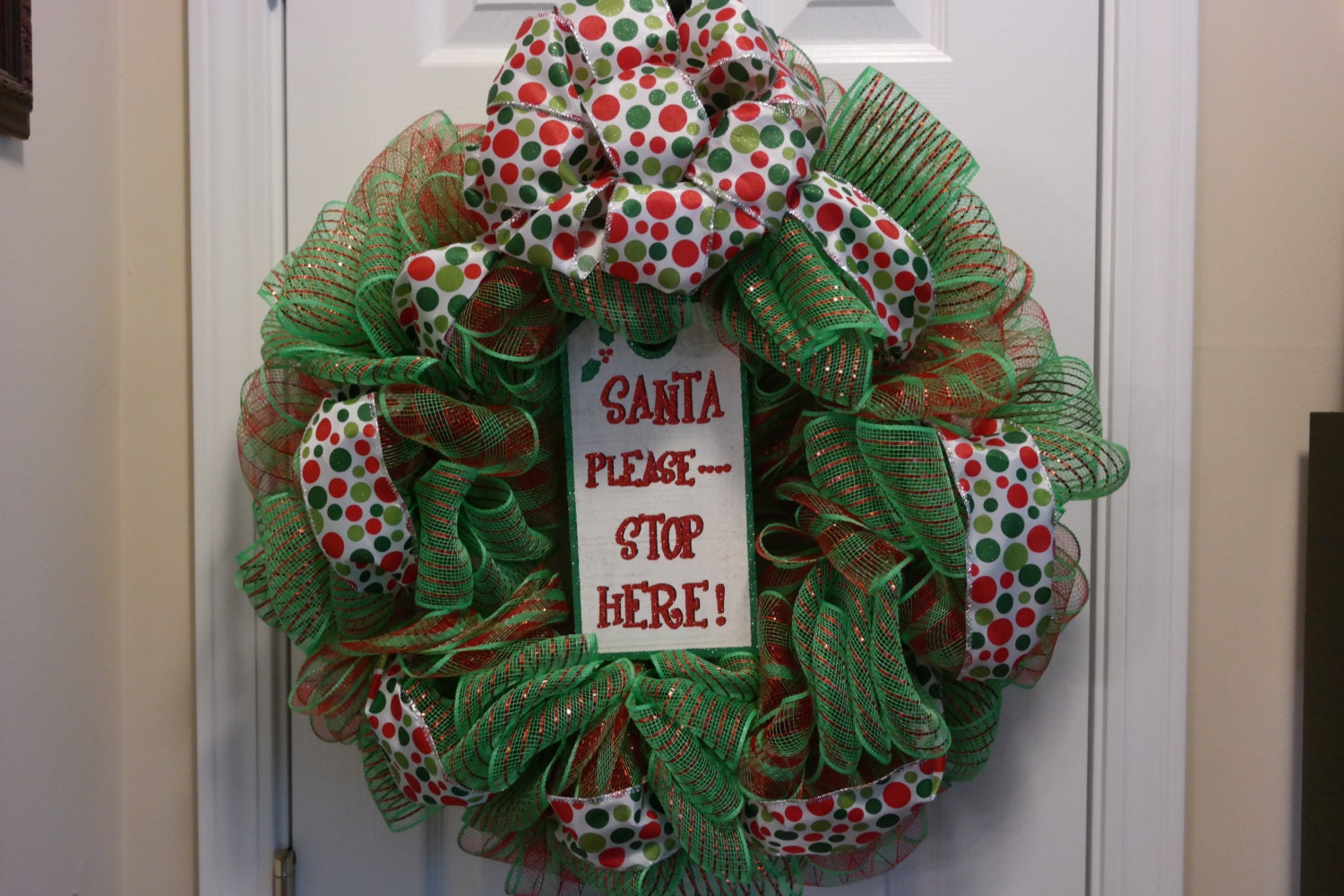 Santa Please Stop Here Wreath, Mesh Ribbon Wreath