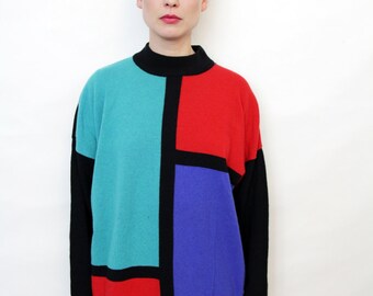 Vintage 80s Colorblock Oversize Slouchy Sweater