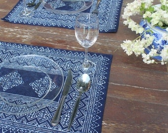 Placemat In Hmong Indigo Batik Cotton- 4 Different Patterns, Sold Individually, Blue Naturally Dyed Free Shipping