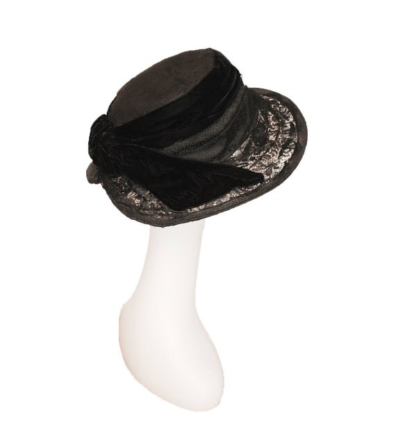 Black Merry Widow Hat Circa 1910 Black Lace Velvet by MadgesHatBox