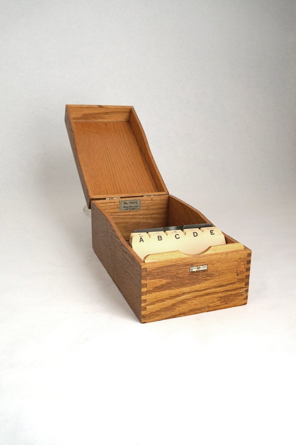 Wooden Library Card File Box with Dividers Vintage Storage Office Decor