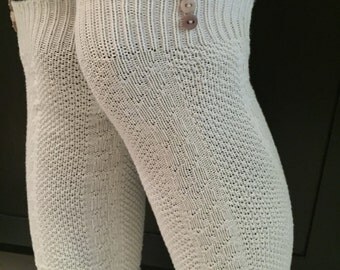 Cream Boot Socks : Grey Buttons - Over the Knee Knit Cotton Socks