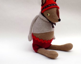 SALE - Woodland Creature - Handmade plush sculpture wearing cashmere pullover and felt shorts.