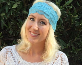 Stretch Lace Headband Aqua Strech Lace headband headwrap bandanna Hair Tie