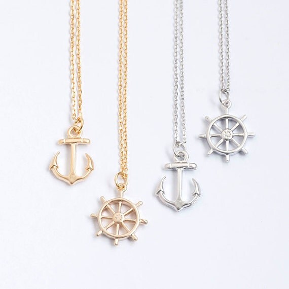 Tiny Nautical Charm Necklace Anchor / Ship Wheel Helm / Gold