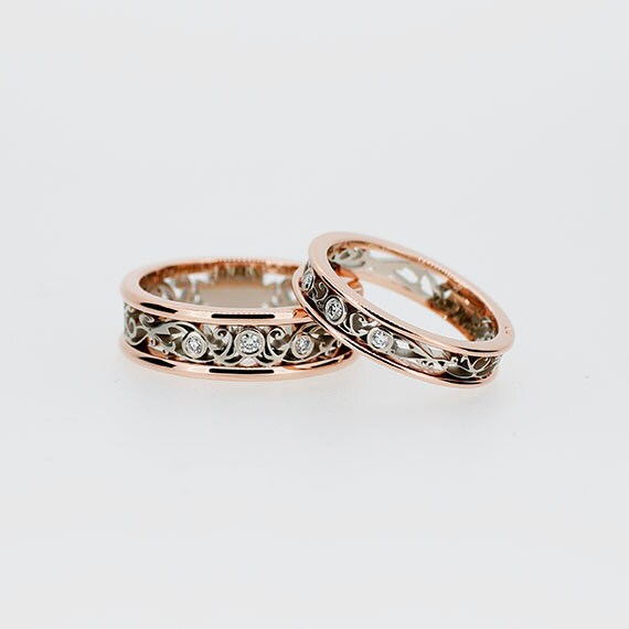 Two tone filigree wedding band set, diamond wedding rings, rose gold ...