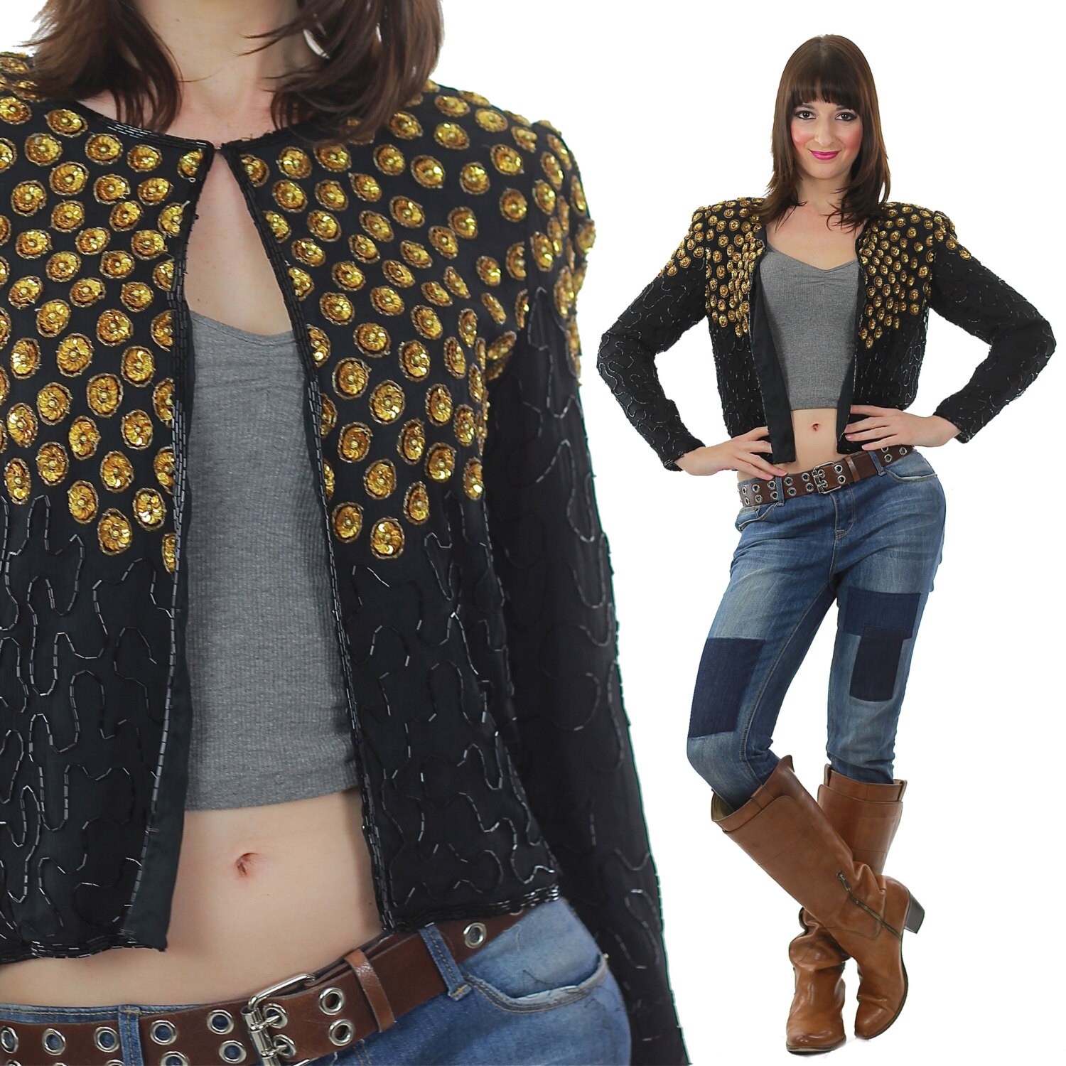 Vintage 80s Sequin Jacket Black 14