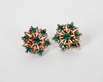 Vintage Goldtone and Green Stone Flower Earrings