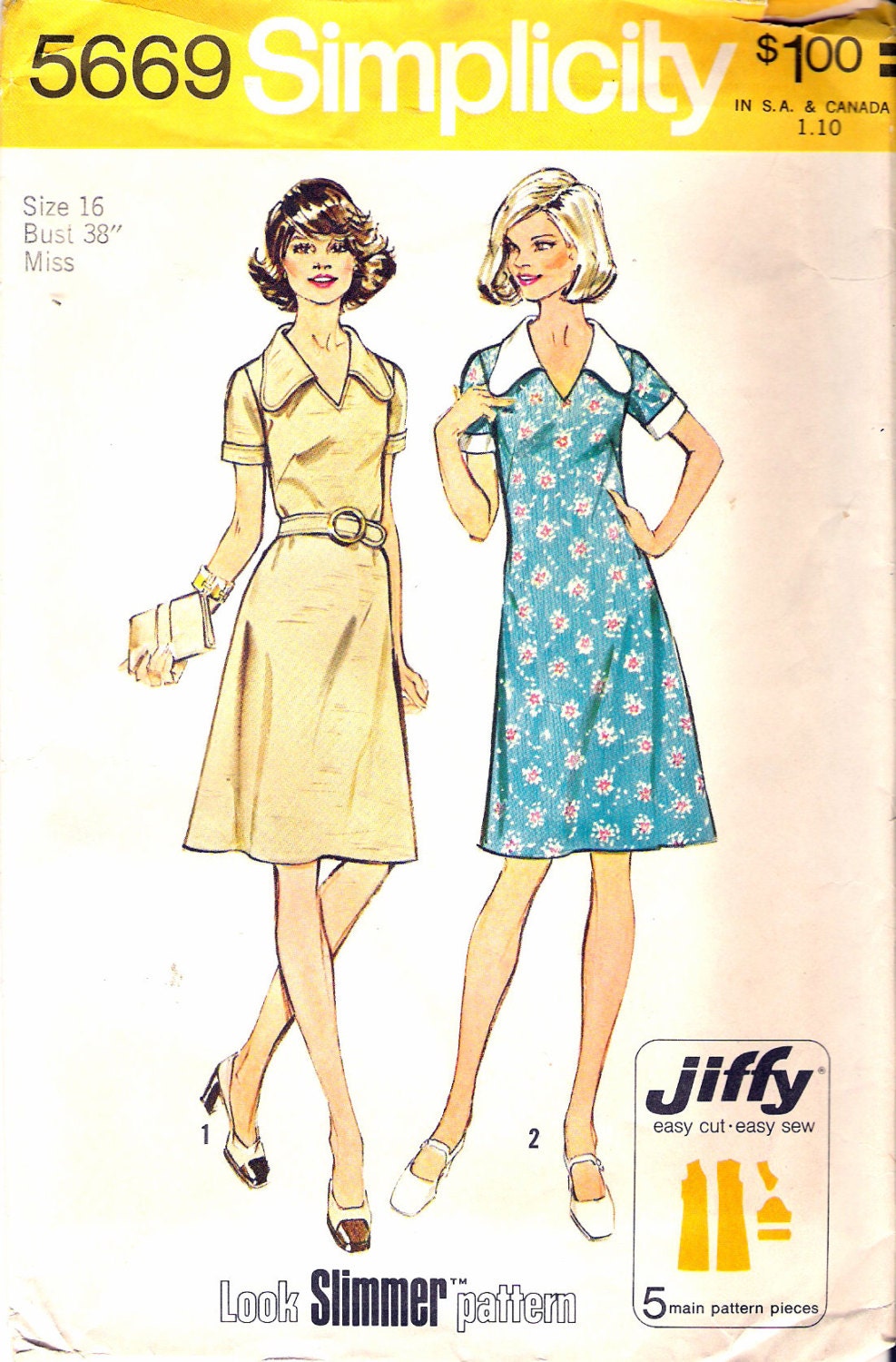 Vintage 1973 Simplicity 5669 Jiffy Dress & Belt Sewing Pattern Size 16 ...