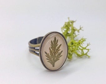 Forest ring - nature gift - leaf ring - real leaf ring with beige leather - nature inspired, cute, handmade, beautiful