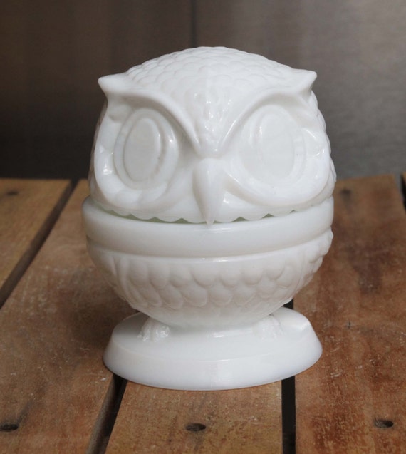 Milk Glass Owl Ring Holder Jewelry Box Trinket Container Mid