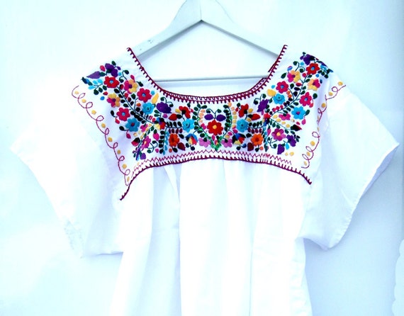 Embroidered peasant blouse Women' s mexican flowers top Ladies white blouse with vintage beads and sequins. Boho-chic Hippie, 2XL