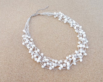 White freshwater pearl necklace on silk thread, Bridal necklace, Wedding jewelry, multistrand necklace