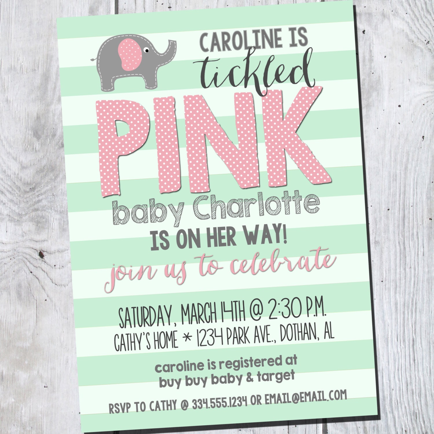 Tickled Pink Baby Shower Invitation Pink Elephant Baby
