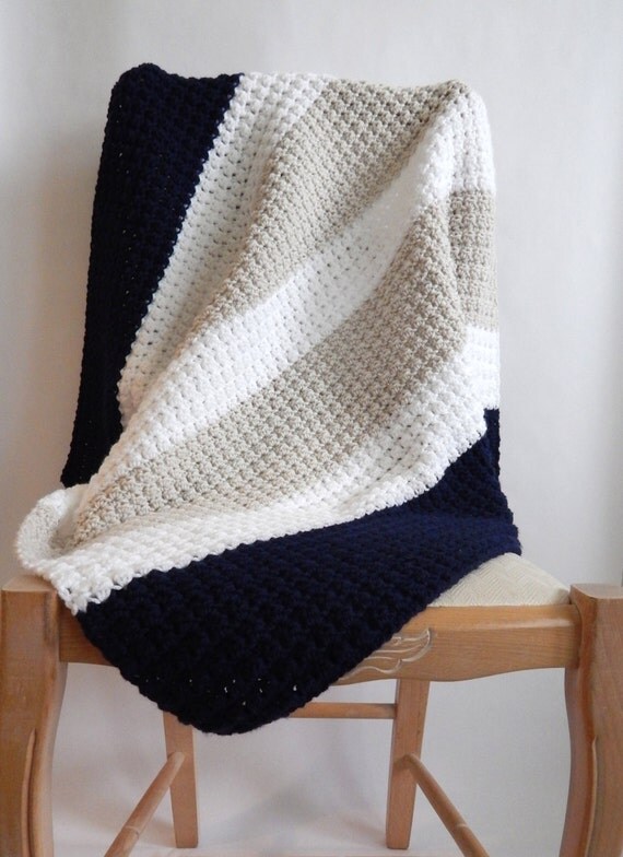 Linen white and navy striped crochet baby blanket color