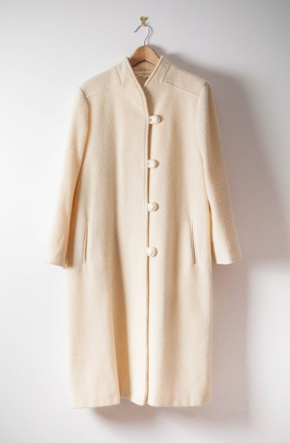 Beautiful Long Wool Coat In Cream Uk12 By Timeobscuravintage