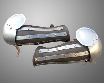 Medieval Functional Leather&Steel bracers with elbow cops
