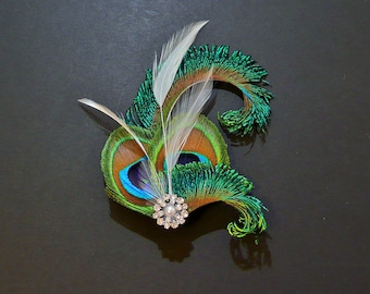 Peacock Feather Hair Clip Ivory Fascinator 1920's Flapper Bridesmaids Hair Accessory Crystal Wedding 'Althea'