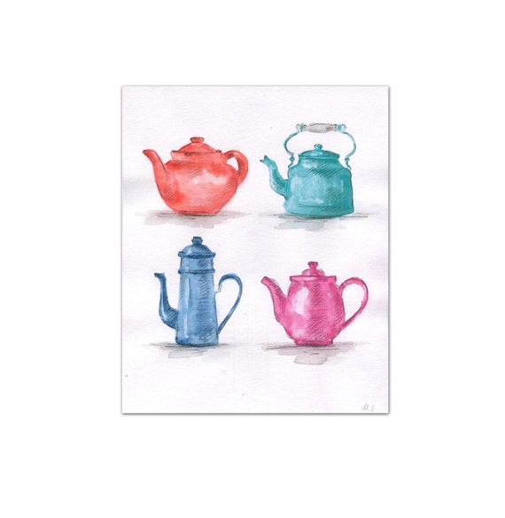 Painting of Teapots. Kitchen wall art. Teapot by madareli on Etsy