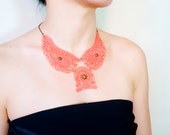 orange lace necklace - gothic/ statement necklace - vintage bronze rose pendant charm // beaded unique jewelry gift