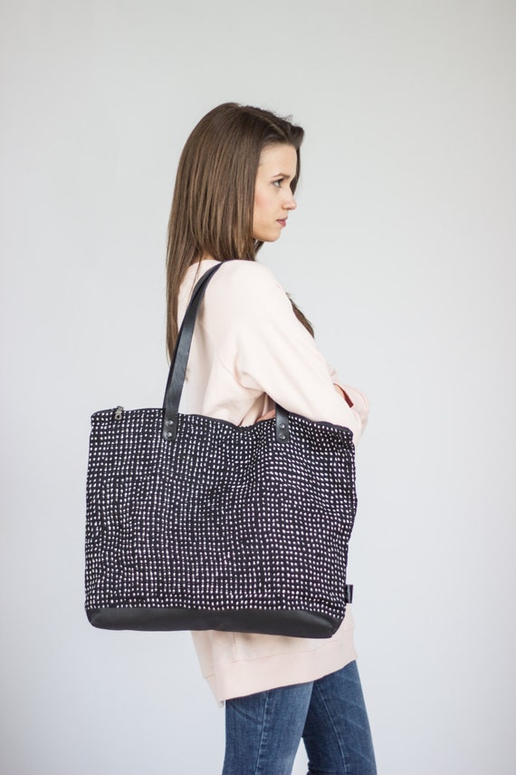 Polka dot linen and leather tote bag, natural day bag, Black linen bag