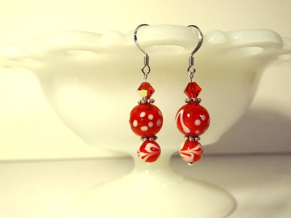 Handmade Red Glass Lampwork Earrings w/Red Swarovski Crystals