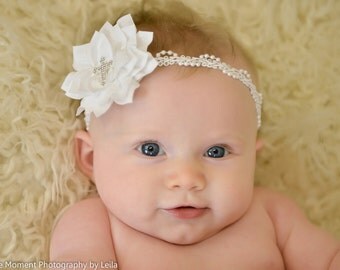 Christening Headband, White Cross Headband, Pearl Baptism Headband, Rhinestone Cross Headband, Christian Bow, Baptismal Hair Bow