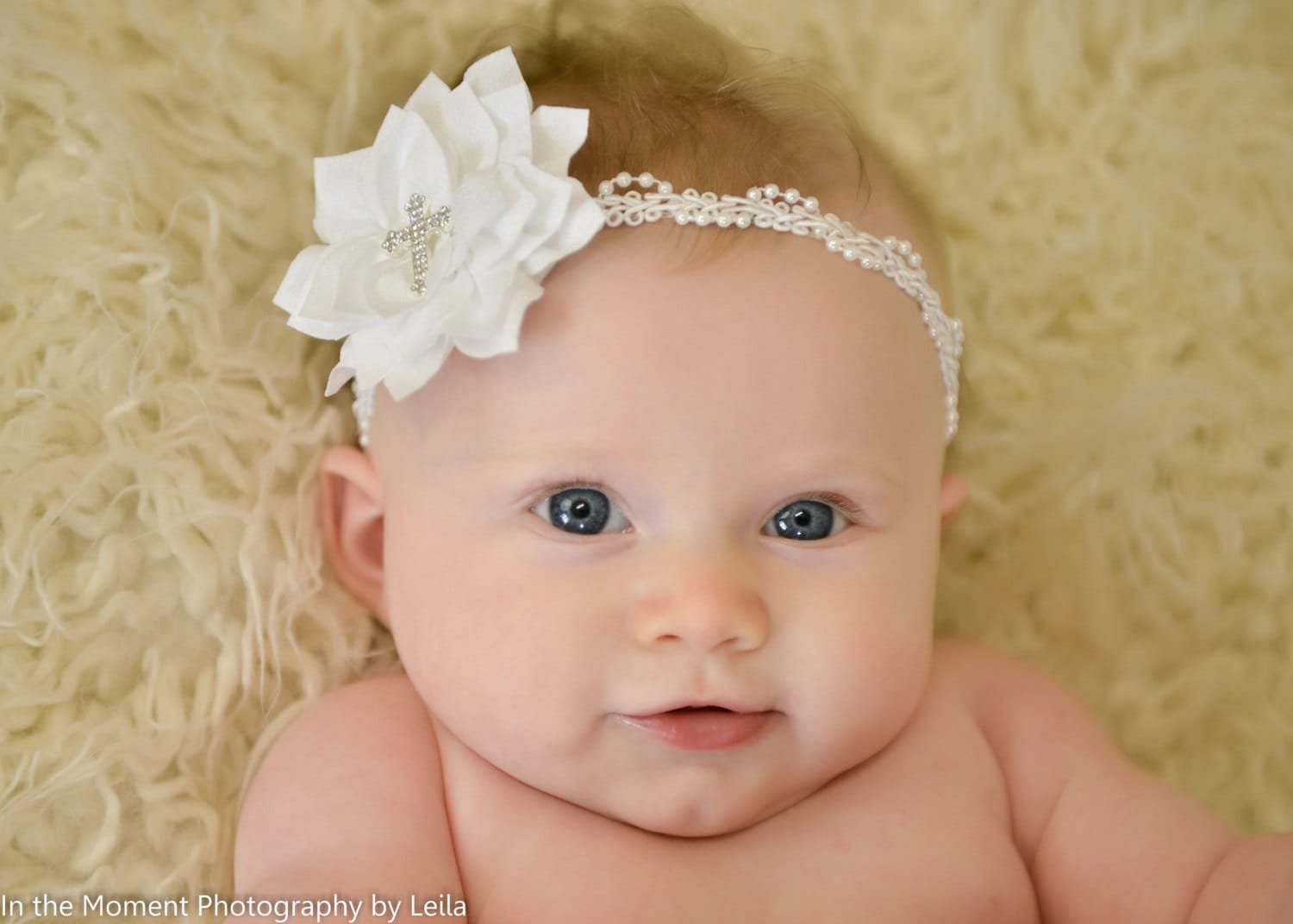 Christening Headband, White Cross Headband, Pearl Baptism Headband