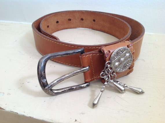 Brown Leather Belt with Silver Buckle and Embellishments