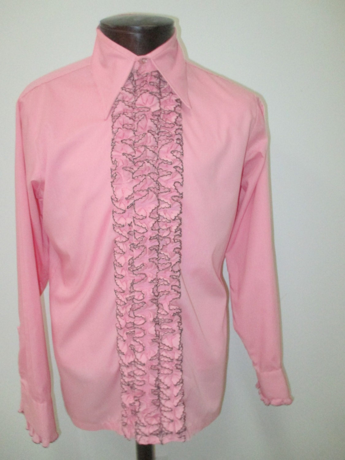 Bubblegum pink 70s Ruffled Tuxedo Shirt Vintage Pink Ruffled