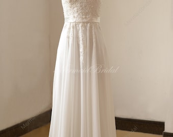 Ivory chiffon lace wedding dress with illusion neckline and pearls