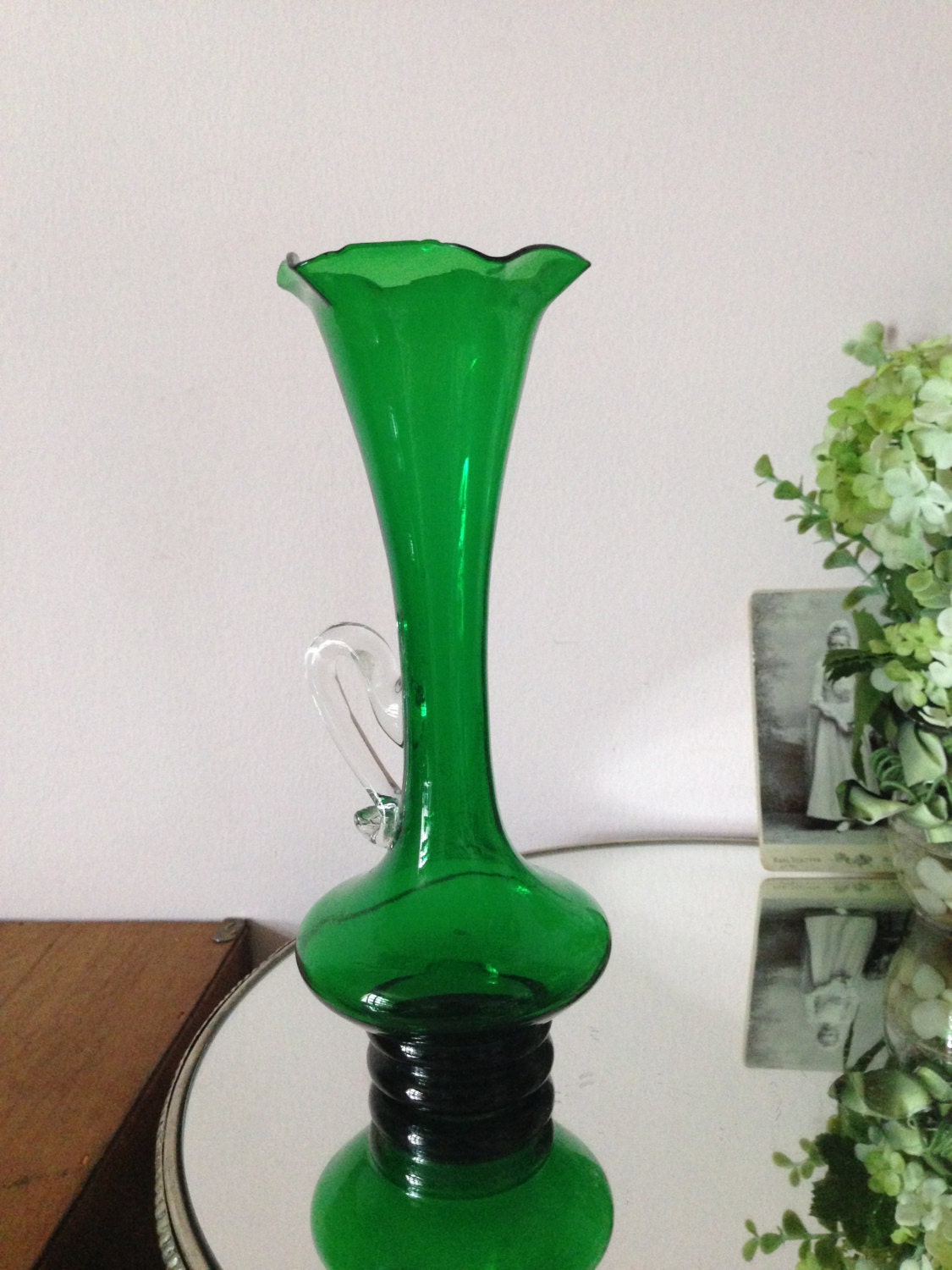 GREEN BLOWN GLASS Vase with handle Scalloped by AnnmarieFamilyTree