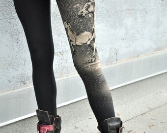 Horse Print, Black Leggings, High Waisted Pant, Yoga Pants, Yoga Leggings, Bamboo Terry Leggings, Hand Painted, Wild Horses